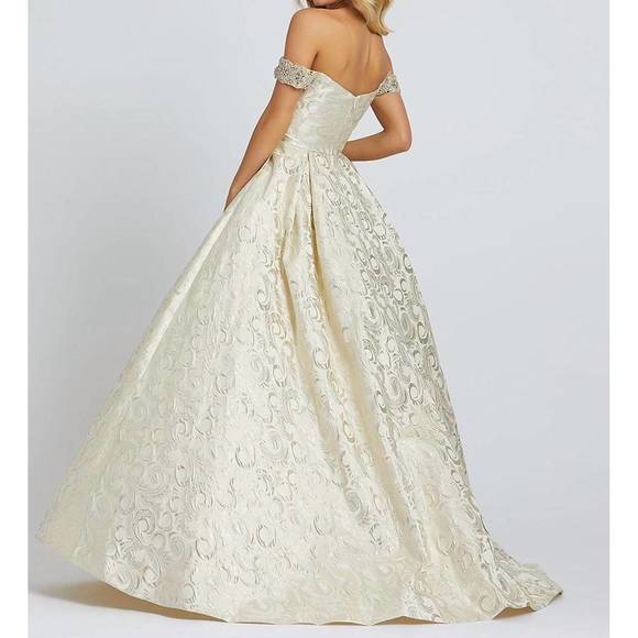 NEW MAC DUGGAL brocade off shoulder ball gown in gold - Picture 2 of 3
